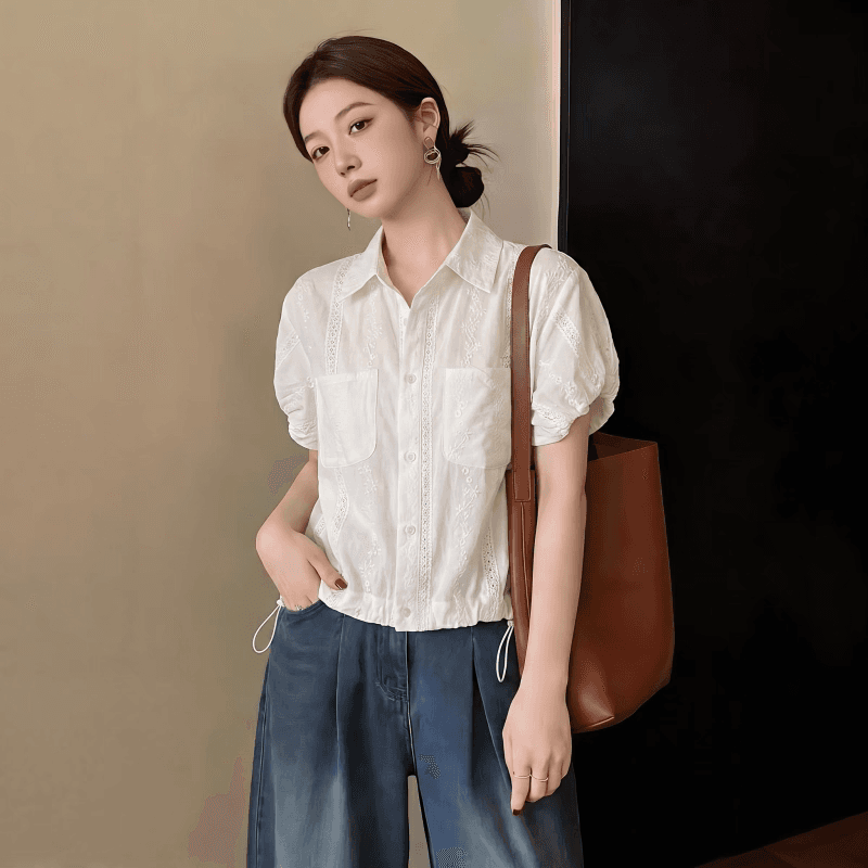 거품 소매 긍정적 인 어깨 반팔 여성 셔츠 여름 새로운 빅 사이즈 지방 mm 연령 감소 작은 셔츠 밑단 펌프 로프 맨위 이미지 3
