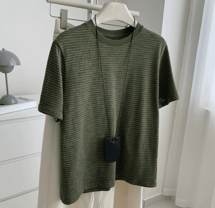 여름 새로운 면 고유 한 슈퍼 잘 생긴 군용 녹색 스트라이프 반팔 티셔츠 한국 스타일 루즈핏 맨위 여성