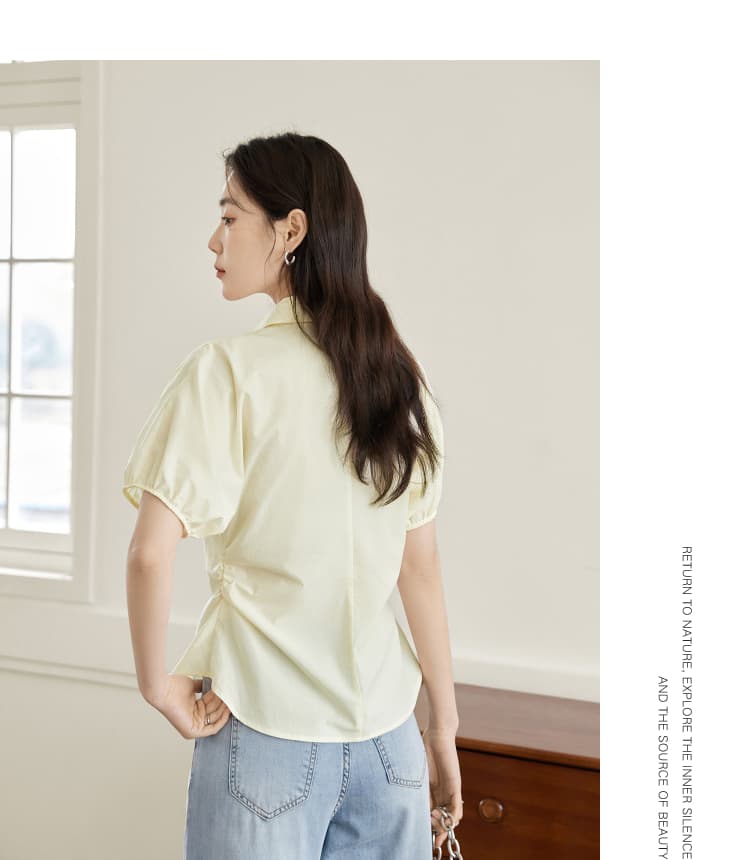 여름 드레스 새로운 디자인 센스 작은 대중 허리 수축 셔츠 Chic 아름다운 맨위 거품 소매 셔츠 상세 이미지 10
