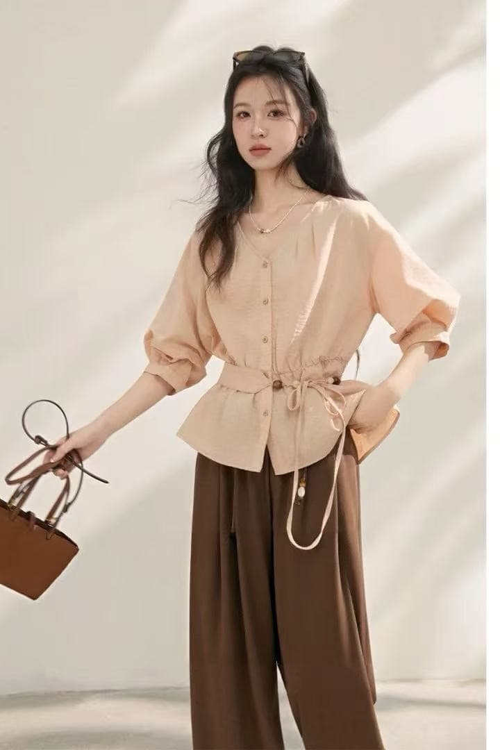 여름 새로운 프랑스식 허리 수축 셔츠 여성 레저 루즈핏 슬림해 보이는 얇은 스타일 중 V넥 맨위 경기 허리 인감 상세 이미지 6