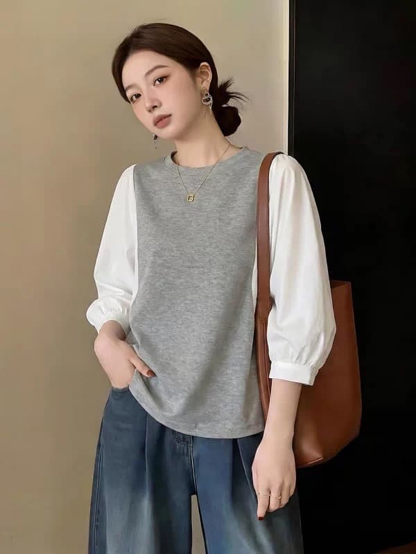 여름 드레스 국경 간 일본과 한국 부서 티셔츠 셔츠 패치워크 색상 Chic 라운드 넥 루즈핏 레트로 디자인 센스 반팔 면 맨위 상세 이미지 5