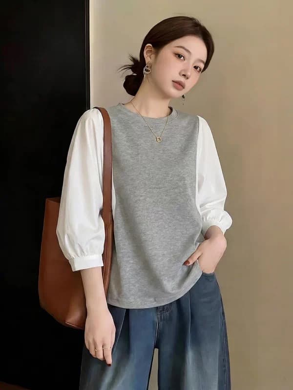여름 드레스 국경 간 일본과 한국 부서 티셔츠 셔츠 패치워크 색상 Chic 라운드 넥 루즈핏 레트로 디자인 센스 반팔 면 맨위 상세 이미지 6