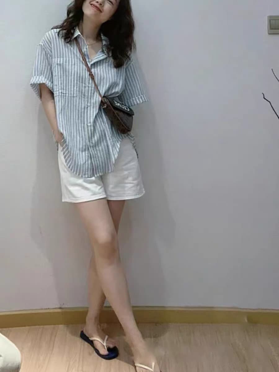 여름 드레스 새로운 빅 사이즈 여성 의류 레트로 스트라이프 면 린넨 반팔 셔츠 느긋한 느슨함 센스 외부 가져 가라. 루즈핏 맨위 이미지 2
