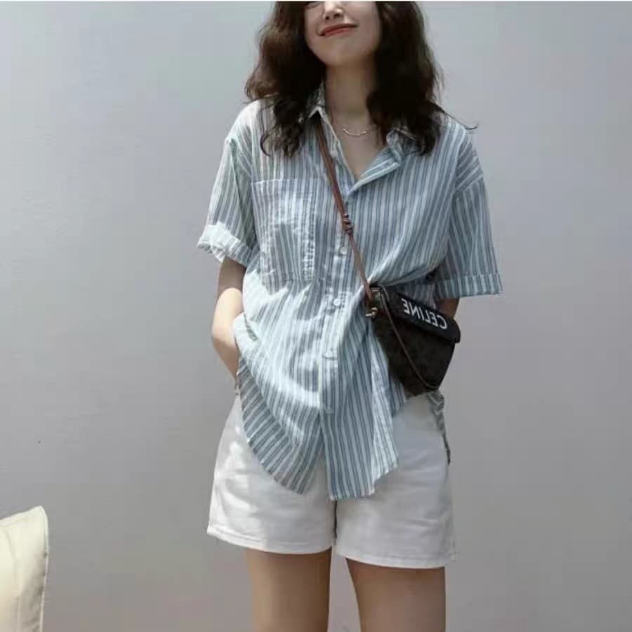 여름 드레스 새로운 빅 사이즈 여성 의류 레트로 스트라이프 면 린넨 반팔 셔츠 느긋한 느슨함 센스 외부 가져 가라. 루즈핏 맨위 이미지 5