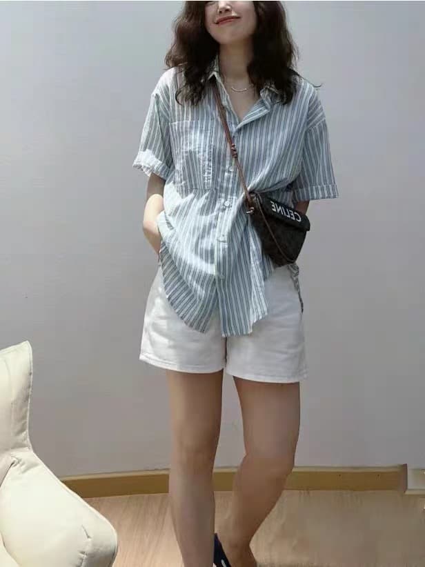 여름 드레스 새로운 빅 사이즈 여성 의류 레트로 스트라이프 면 린넨 반팔 셔츠 느긋한 느슨함 센스 외부 가져 가라. 루즈핏 맨위 상세 이미지 5