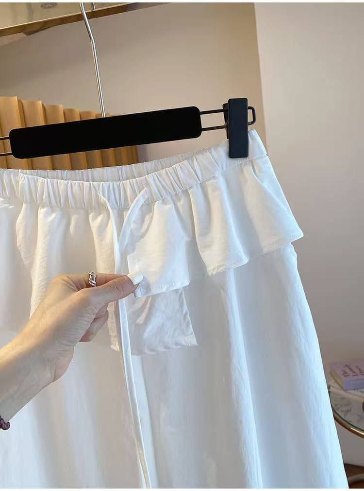 여름 드레스 새로운 흐름 지불 ~ 중 바지 프릴 허리밴드 모통이 칼 와이드 레그 팬츠 자이언트 잘 생긴 워크웨어 캐주얼 바지 상세 이미지 7