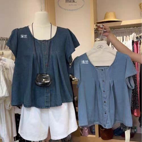 여름 드레스 새로운 작은 날다 소매 얇은 스타일 데님 여성 셔츠 루즈핏 셔츠 품격 품격 디자인 센스 맨위 상세 이미지 7