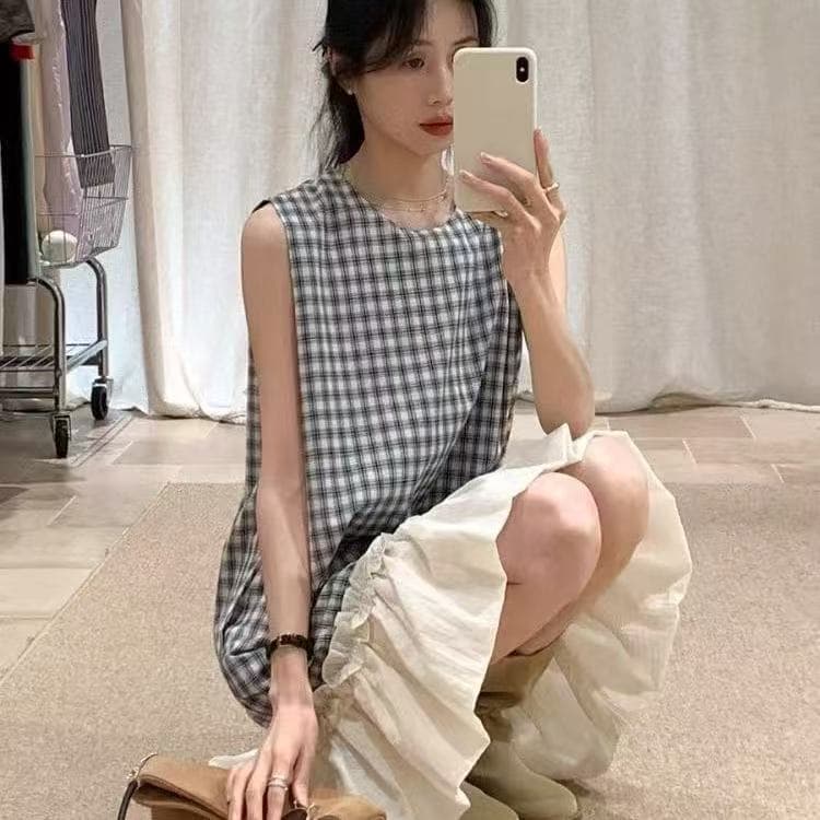 한 부서 흑인과 백인 그리드 민소매 레이스 패치워크 여성 드레스 2025 아모이 미니멀리즘 달콤함 연령 감소 롱 스커트