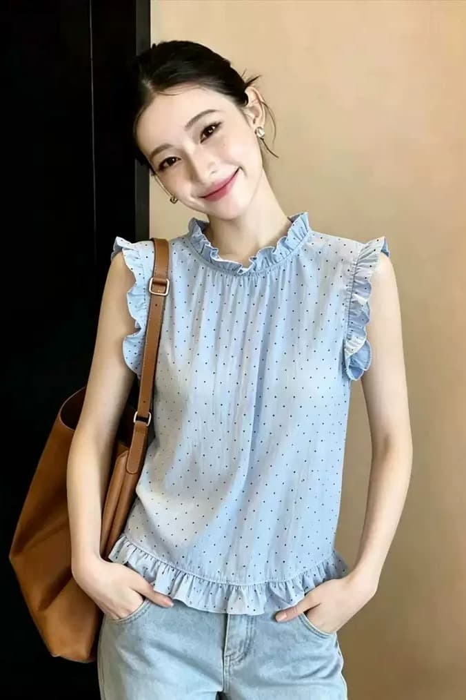 여름 드레스 새로운 빅 사이즈 여성 의류 빛 럭셔리 연령 감소 프릴 작은 청신 조끼 도트 무늬 베스트 민소매 맨위 이미지 6