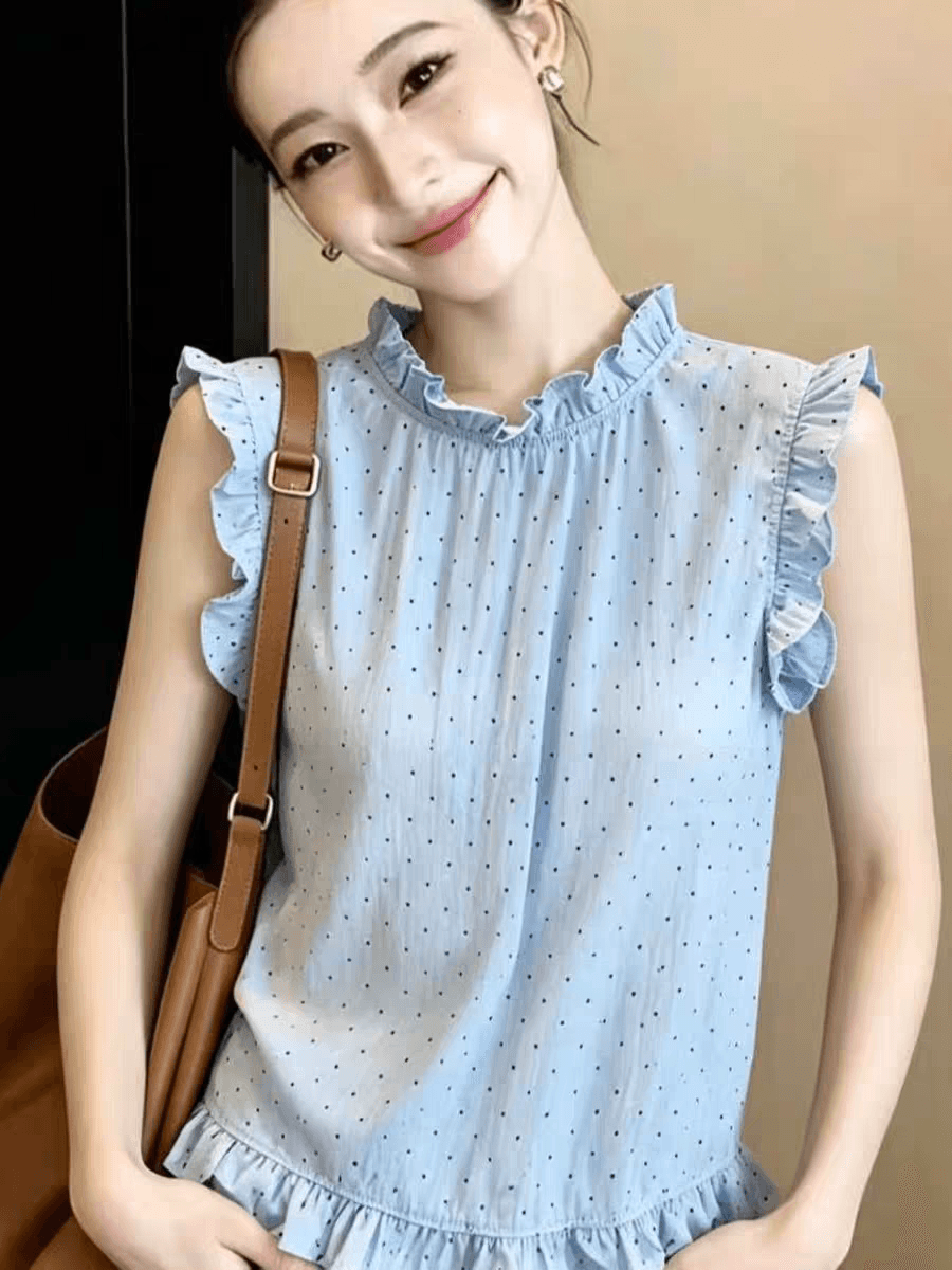 여름 드레스 새로운 빅 사이즈 여성 의류 빛 럭셔리 연령 감소 프릴 작은 청신 조끼 도트 무늬 베스트 민소매 맨위 상세 이미지 3