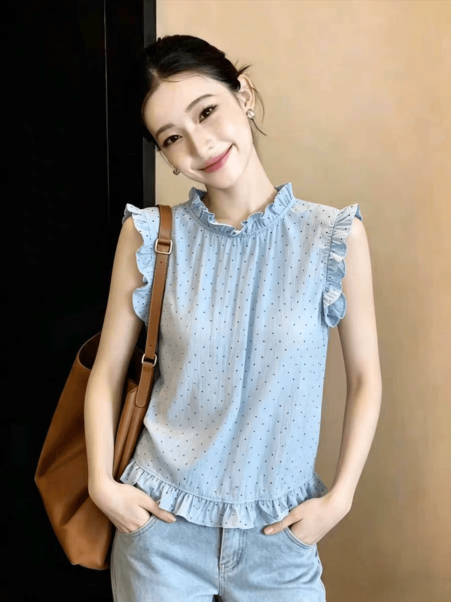 여름 드레스 새로운 빅 사이즈 여성 의류 빛 럭셔리 연령 감소 프릴 작은 청신 조끼 도트 무늬 베스트 민소매 맨위 상세 이미지 4