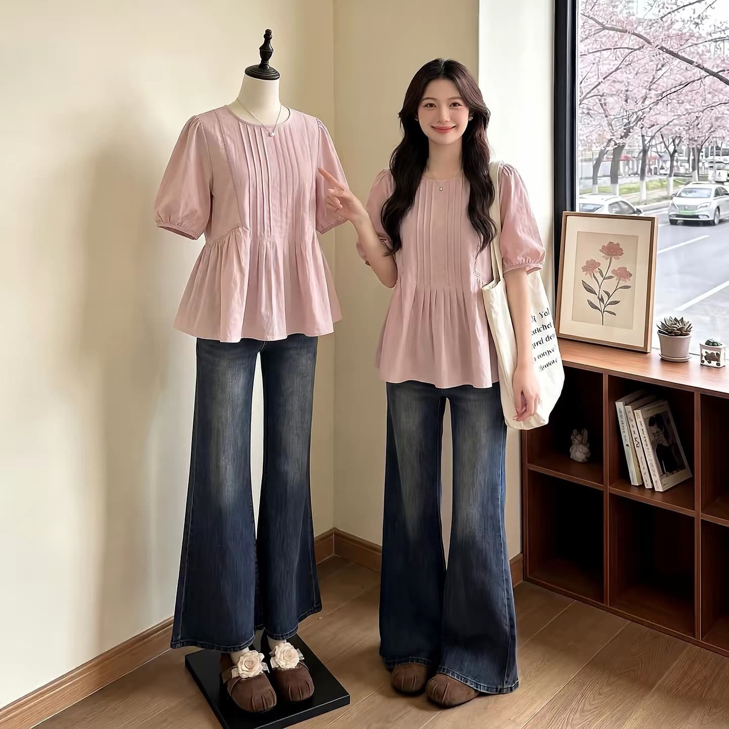 여름 드레스 새로운 작은 대중 거품 소매 주름 반팔 셔츠 여성 의류 라운드 넥 풀오버 패션 다용도 작은 셔츠 트렌디