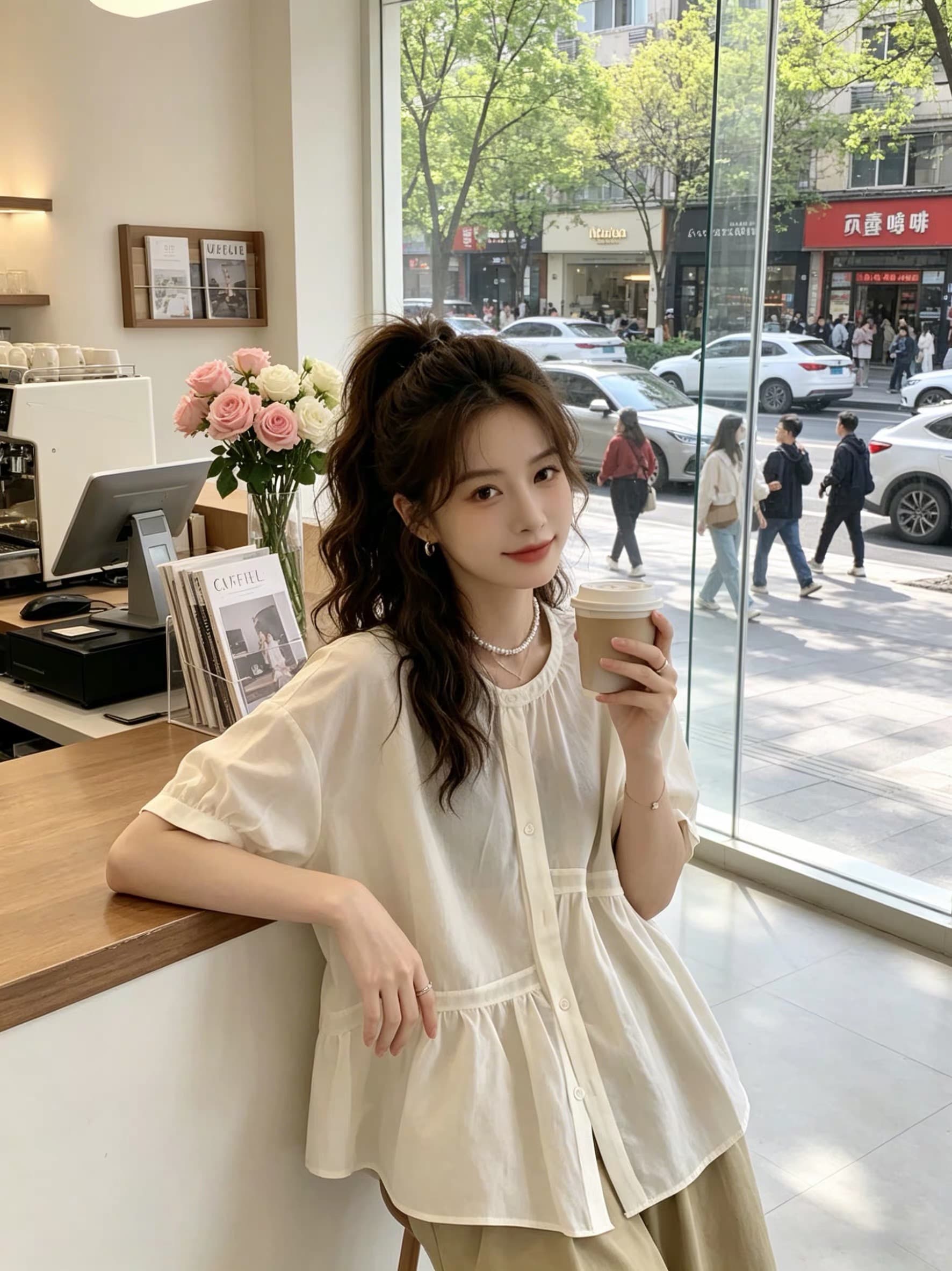 여름 드레스 새로운 주름 싱글 줄 버튼 여성 셔츠 빅 사이즈 통통한 여동생 한국 스타일 루즈핏 품격 슬림해 보이는 맨위 이미지 3