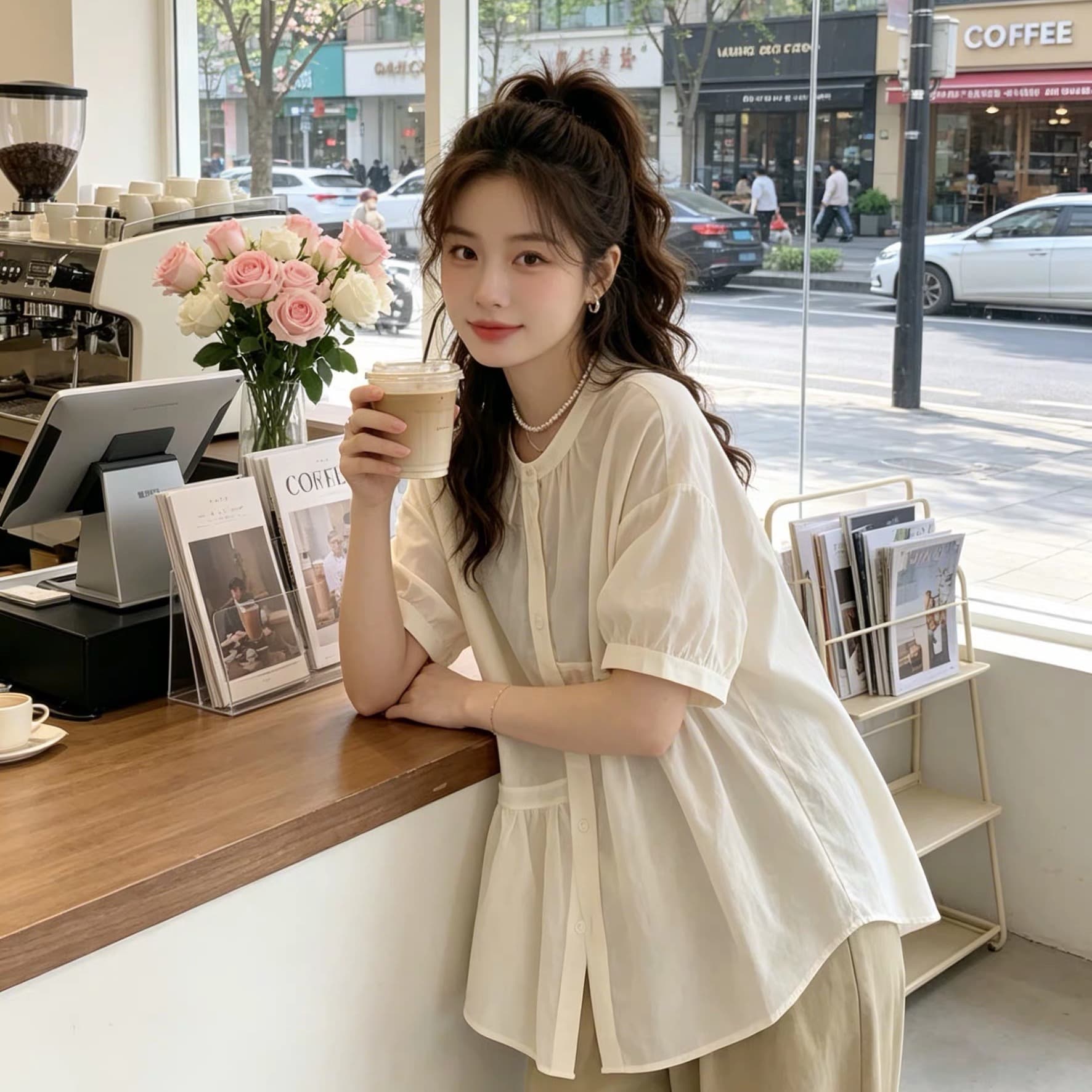 여름 드레스 새로운 주름 싱글 줄 버튼 여성 셔츠 빅 사이즈 통통한 여동생 한국 스타일 루즈핏 품격 슬림해 보이는 맨위 이미지 2