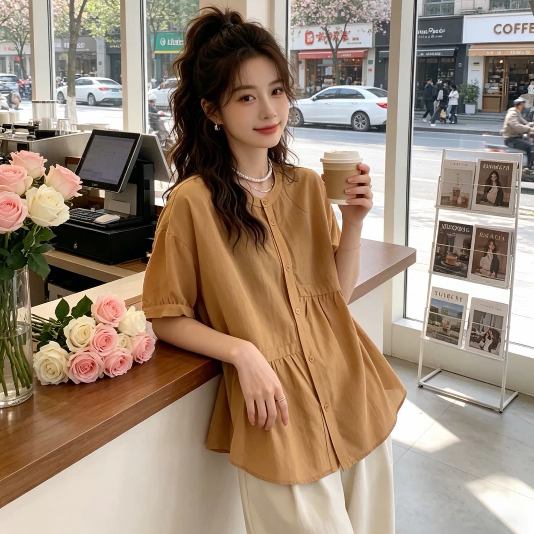 여름 드레스 새로운 주름 싱글 줄 버튼 여성 셔츠 빅 사이즈 통통한 여동생 한국 스타일 루즈핏 품격 슬림해 보이는 맨위 이미지 4