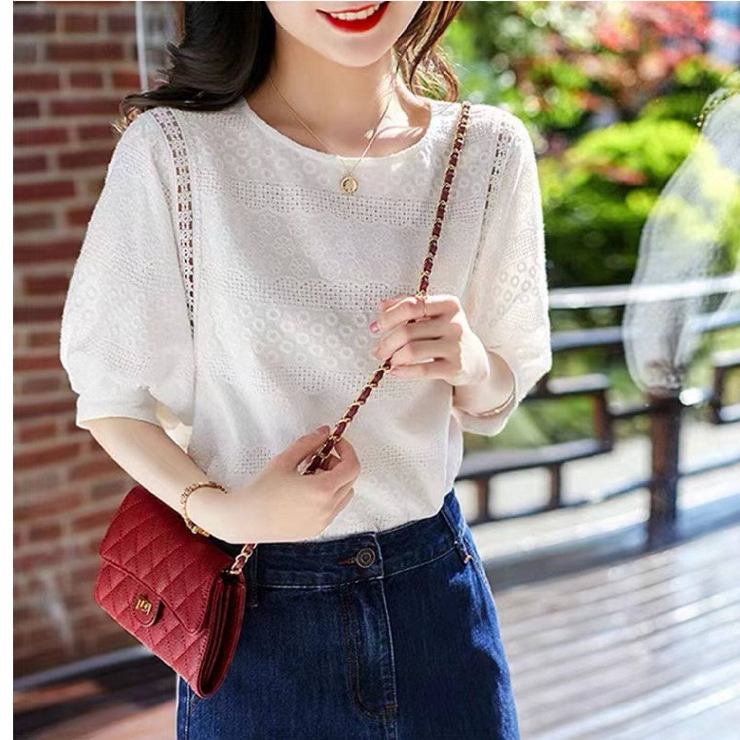 단색 반팔 맨위 여성 여름 슈퍼 요정 홀로우 아웃 거품 소매 레이스 셔츠 루즈핏 품격 미니멀리즘 외국 가스 작은 셔츠 얇은 상세 이미지 3