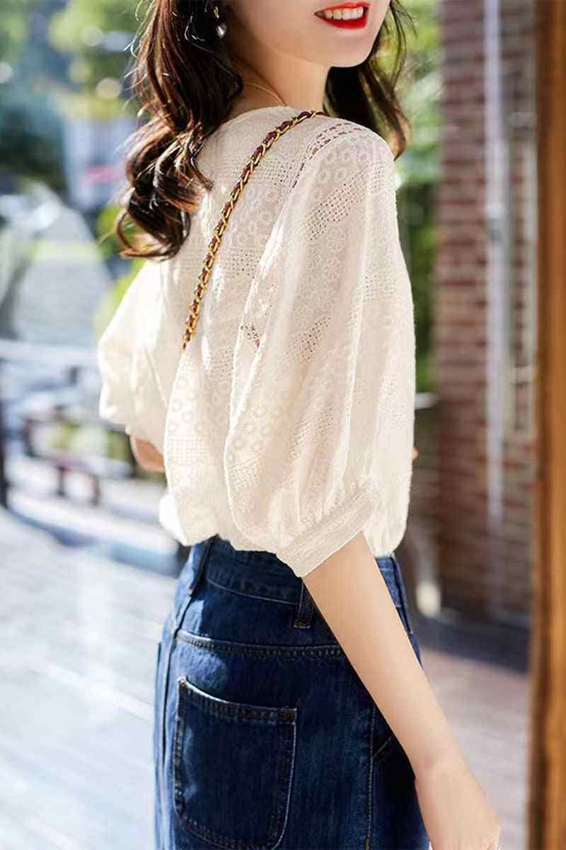 단색 반팔 맨위 여성 여름 슈퍼 요정 홀로우 아웃 거품 소매 레이스 셔츠 루즈핏 품격 미니멀리즘 외국 가스 작은 셔츠 얇은 상세 이미지 6