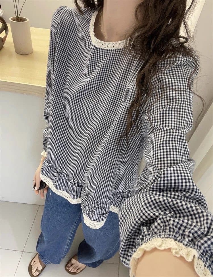 여름 드레스 새로운 프릴 체크무늬 한 마디 인형 셔츠 여성 유럽 역 유럽 상품 여성 의류 디자인 센스 셔츠 트렌디 상세 이미지 6