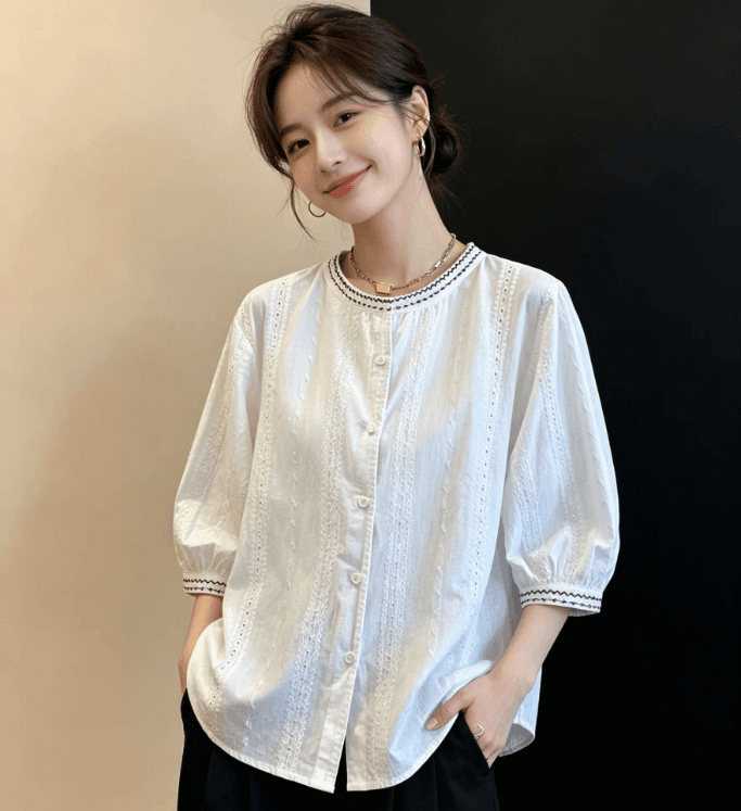 여름 드레스 무거운 작업 자수 화이트 7부 소매 여성 셔츠 새로운 루즈핏 캐주얼 외국 가스 라운드 넥 순면 작은 셔츠 맨위