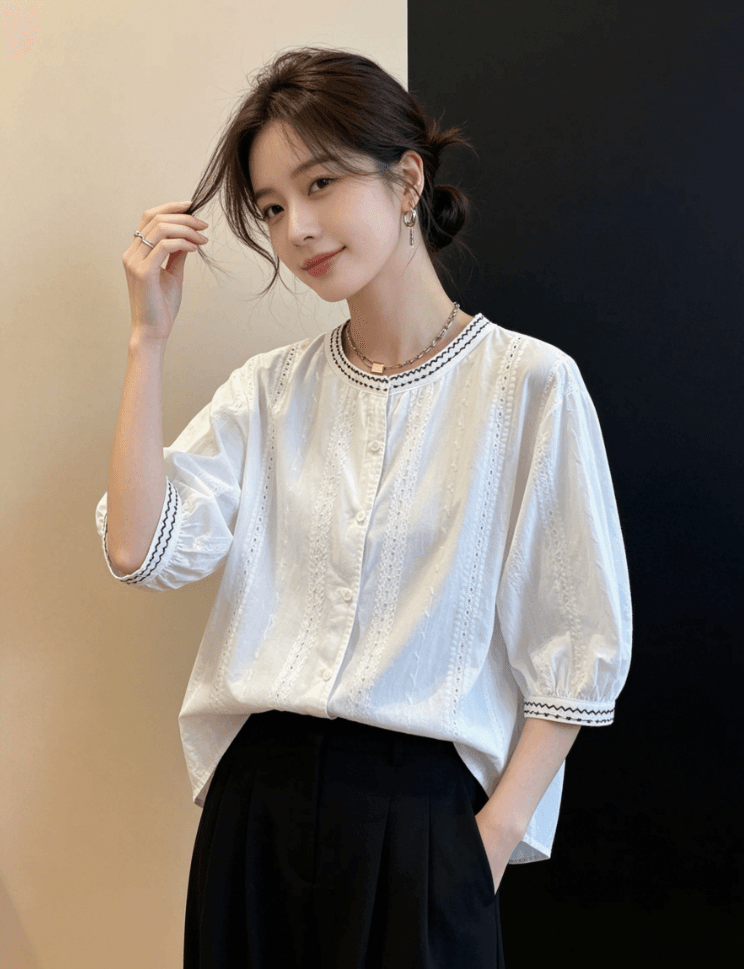 여름 드레스 무거운 작업 자수 화이트 7부 소매 여성 셔츠 새로운 루즈핏 캐주얼 외국 가스 라운드 넥 순면 작은 셔츠 맨위 상세 이미지 4