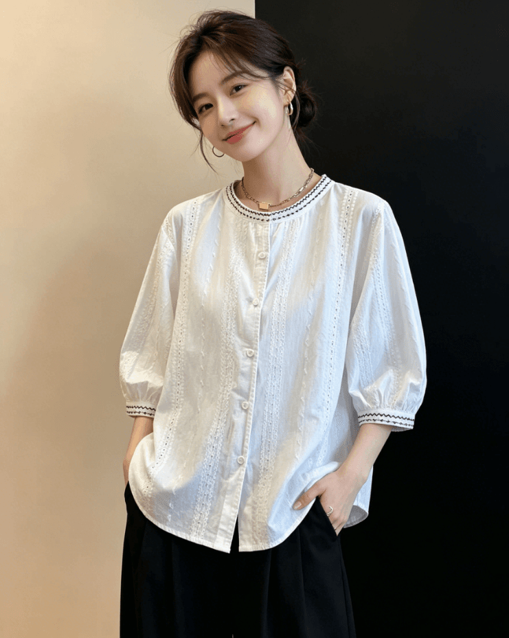 여름 드레스 무거운 작업 자수 화이트 7부 소매 여성 셔츠 새로운 루즈핏 캐주얼 외국 가스 라운드 넥 순면 작은 셔츠 맨위 상세 이미지 5
