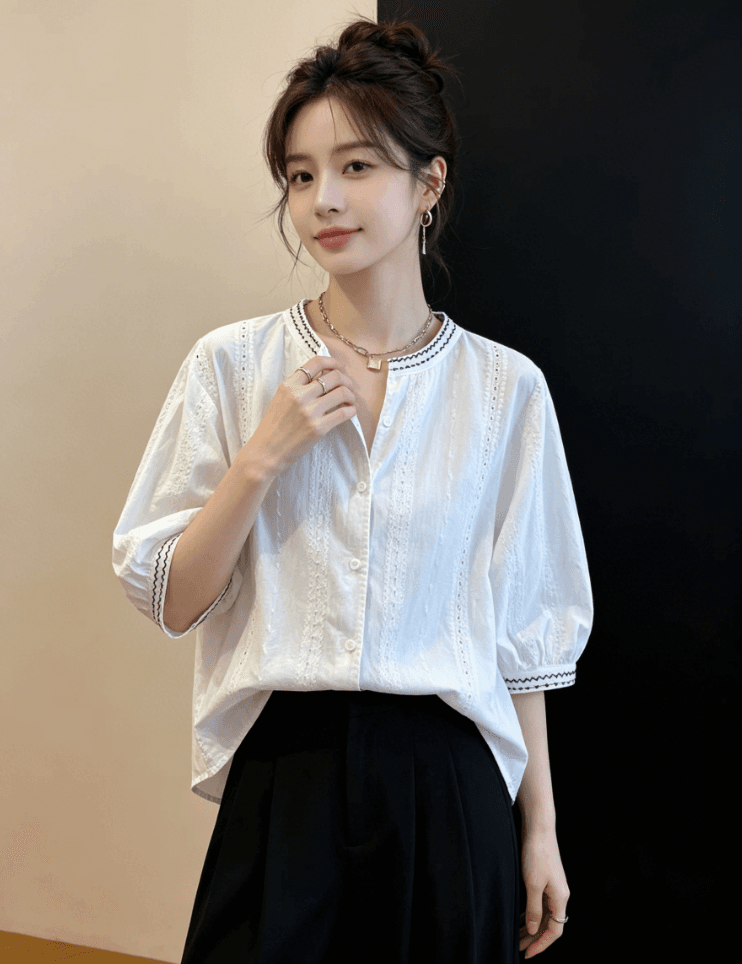 여름 드레스 무거운 작업 자수 화이트 7부 소매 여성 셔츠 새로운 루즈핏 캐주얼 외국 가스 라운드 넥 순면 작은 셔츠 맨위 상세 이미지 7