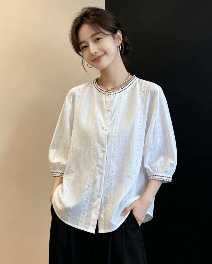 여름 드레스 무거운 작업 자수 화이트 7부 소매 여성 셔츠 새로운 루즈핏 캐주얼 외국 가스 라운드 넥 순면 작은 셔츠 맨위 상세 이미지 10