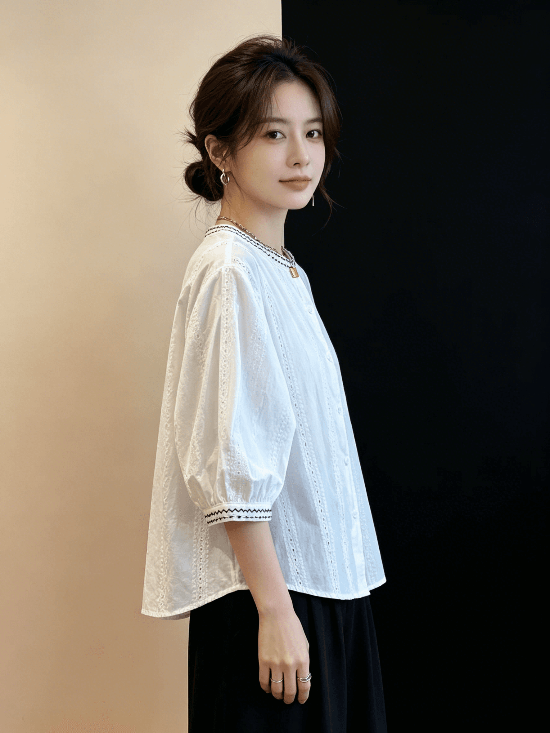 여름 드레스 무거운 작업 자수 화이트 7부 소매 여성 셔츠 새로운 루즈핏 캐주얼 외국 가스 라운드 넥 순면 작은 셔츠 맨위 상세 이미지 12