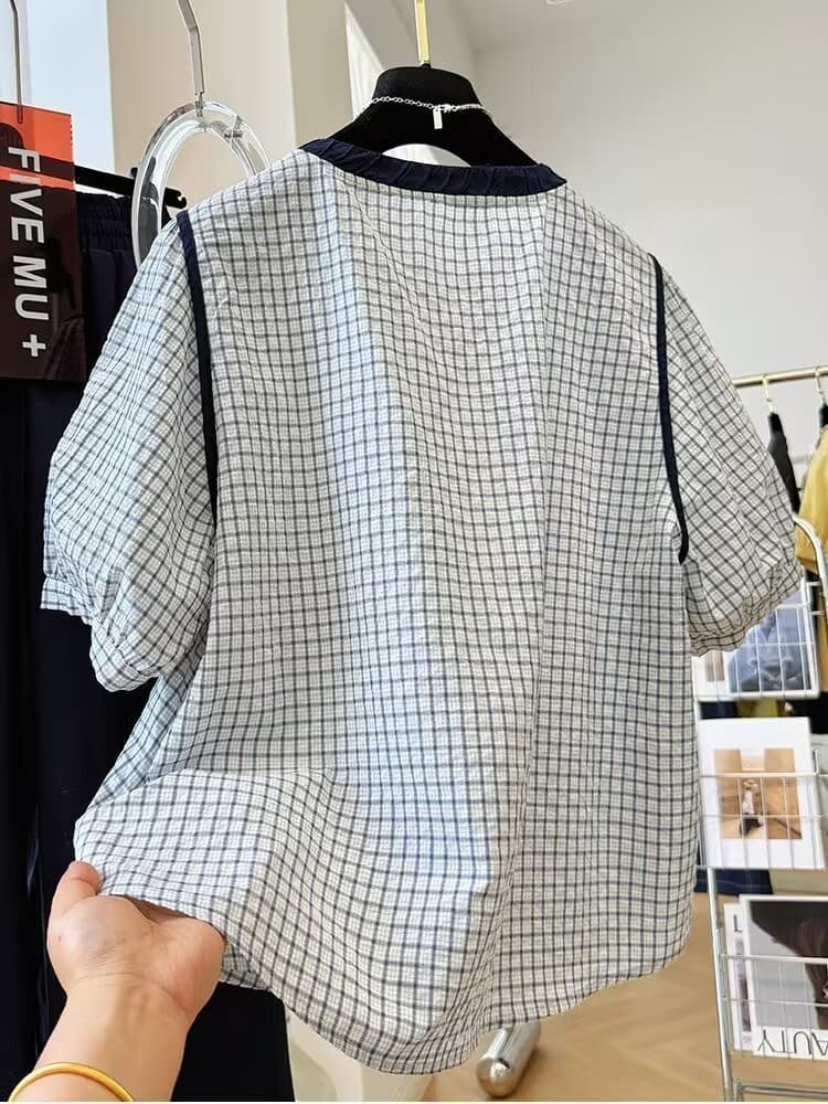 한 부서 연령 감소 고급 센스 품격 라운드 넥 체크무늬 반팔 여성 셔츠 여름 순면 작은 셔츠 슈퍼 잘 생긴 맨위 상세 이미지 8