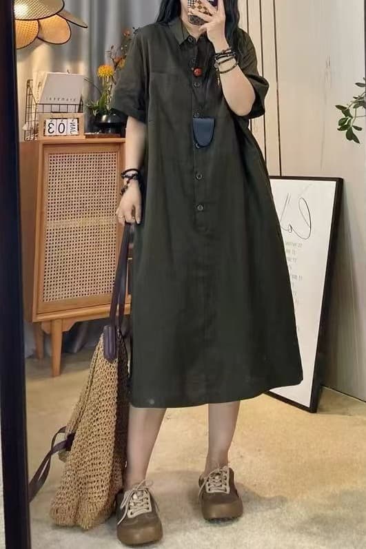 여름 새로운 프랑스식 품격 빛 요리 한 바람 폴로 칼라 반팔 여성 드레스 문예 캐주얼 루즈핏 중간 길이 스커트 이미지 6