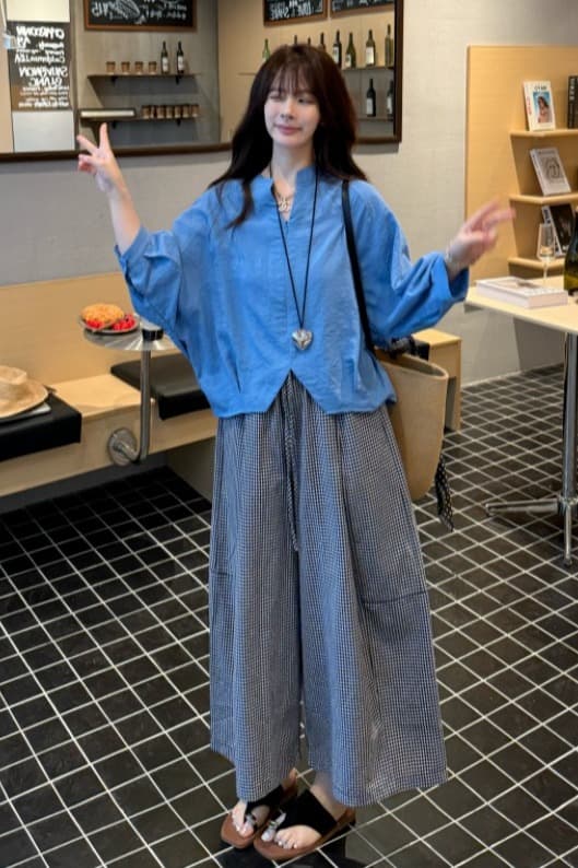 여름 드레스 새로운 한국 스타일 루즈핏 슬림해 보이는 다용도 체크무늬 와이드 레그 팬츠 스트레이트 9부 바지 캐주얼 바지 여성 이미지 6