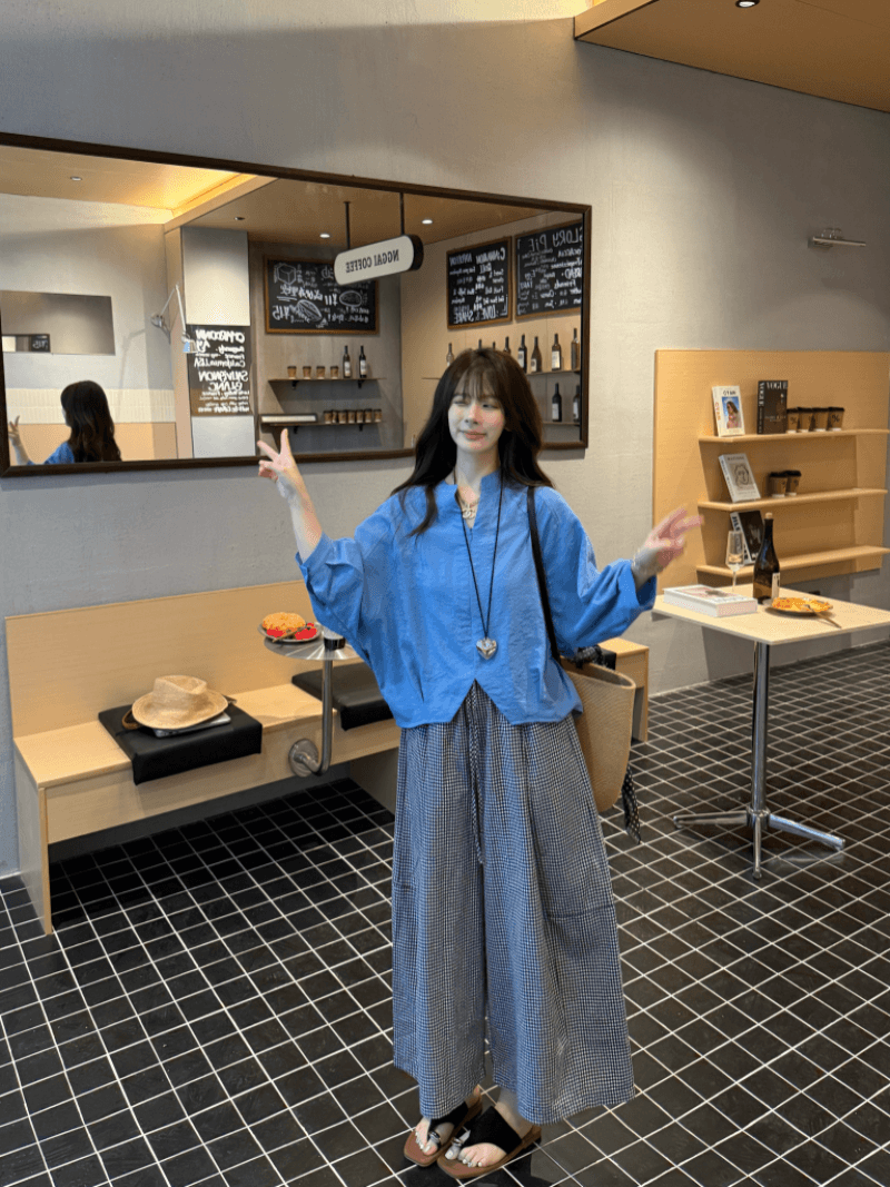 여름 드레스 새로운 한국 스타일 루즈핏 슬림해 보이는 다용도 체크무늬 와이드 레그 팬츠 스트레이트 9부 바지 캐주얼 바지 여성 상세 이미지 2