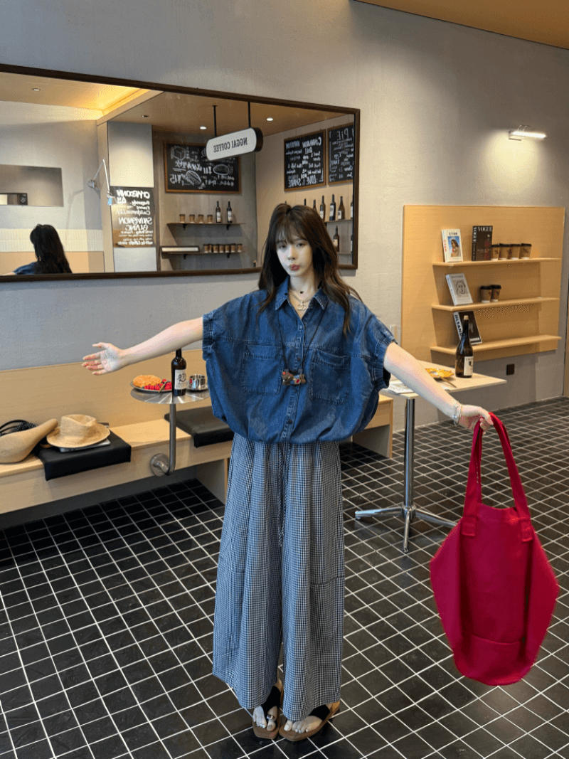여름 드레스 새로운 한국 스타일 루즈핏 슬림해 보이는 다용도 체크무늬 와이드 레그 팬츠 스트레이트 9부 바지 캐주얼 바지 여성 상세 이미지 3