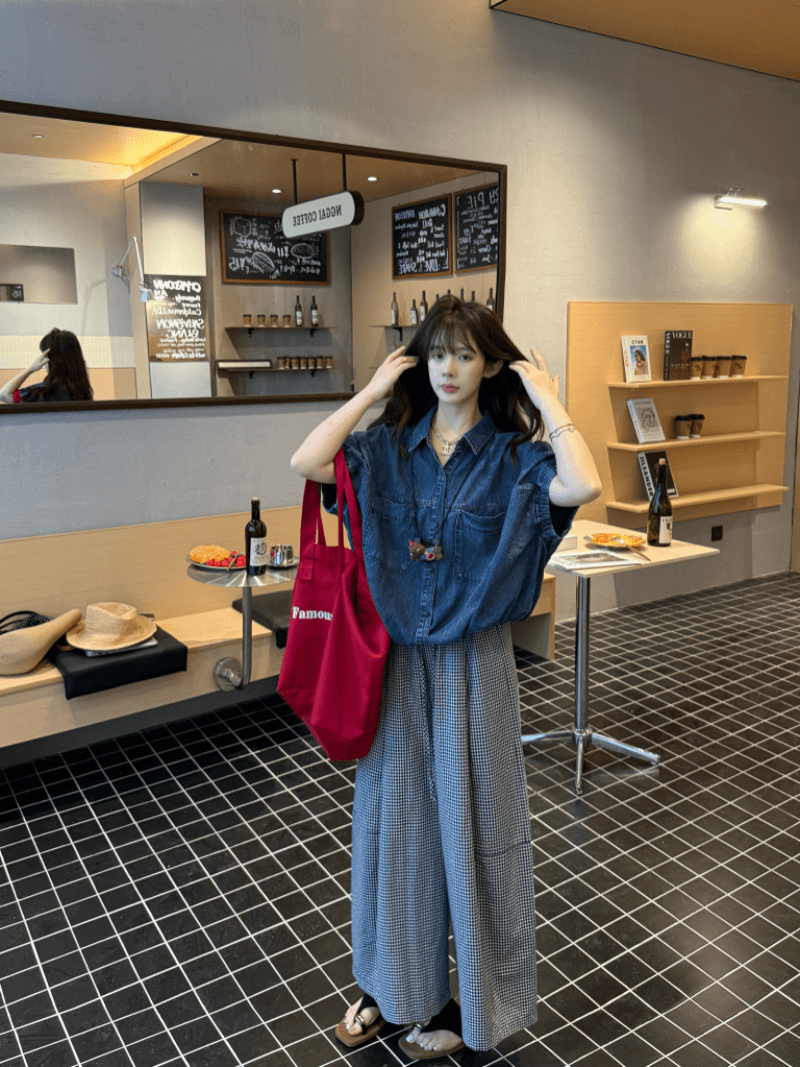 여름 드레스 새로운 한국 스타일 루즈핏 슬림해 보이는 다용도 체크무늬 와이드 레그 팬츠 스트레이트 9부 바지 캐주얼 바지 여성 상세 이미지 4