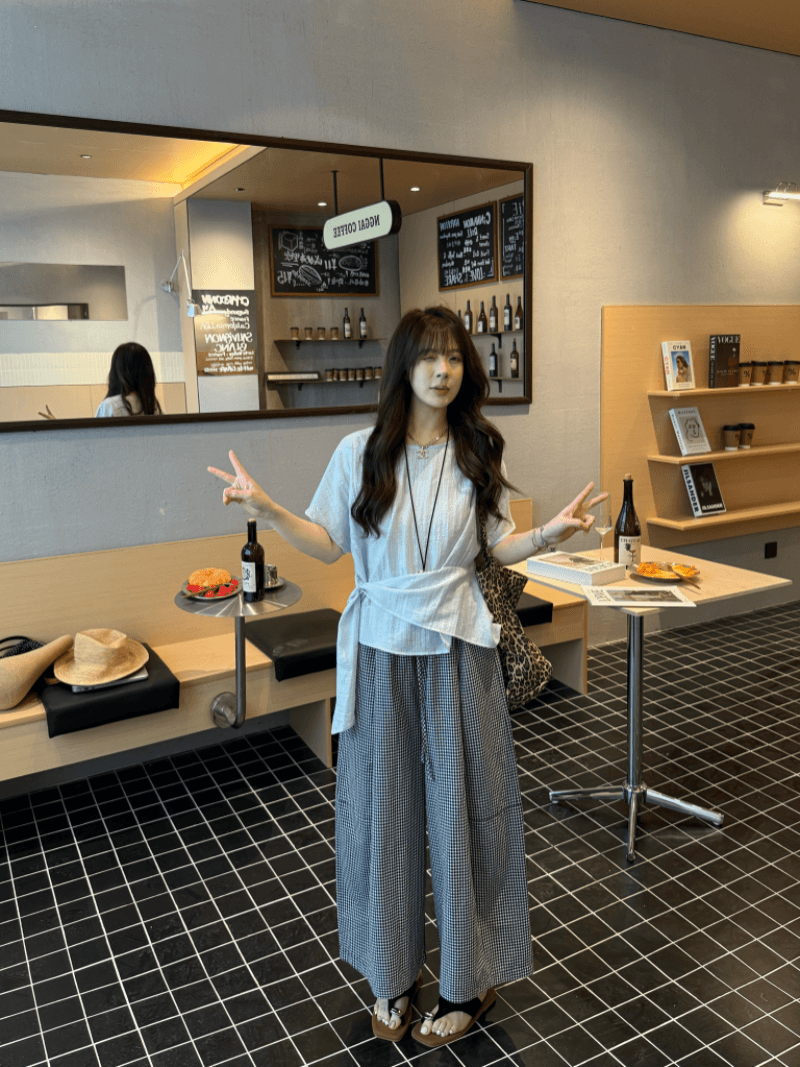 여름 드레스 새로운 한국 스타일 루즈핏 슬림해 보이는 다용도 체크무늬 와이드 레그 팬츠 스트레이트 9부 바지 캐주얼 바지 여성 상세 이미지 5