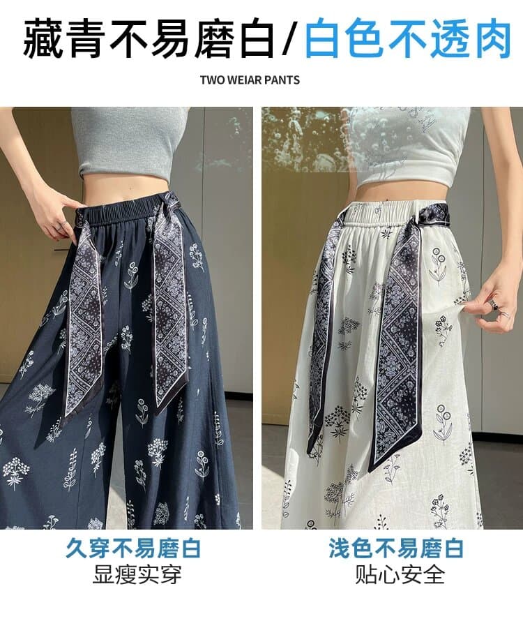 새로운 프린트 얼음 실크 면 린넨 와이드 레깅스 바지 여름 얇은 스타일 레이스업 루즈핏 캐주얼 9 포인트 바지 상세 이미지 12