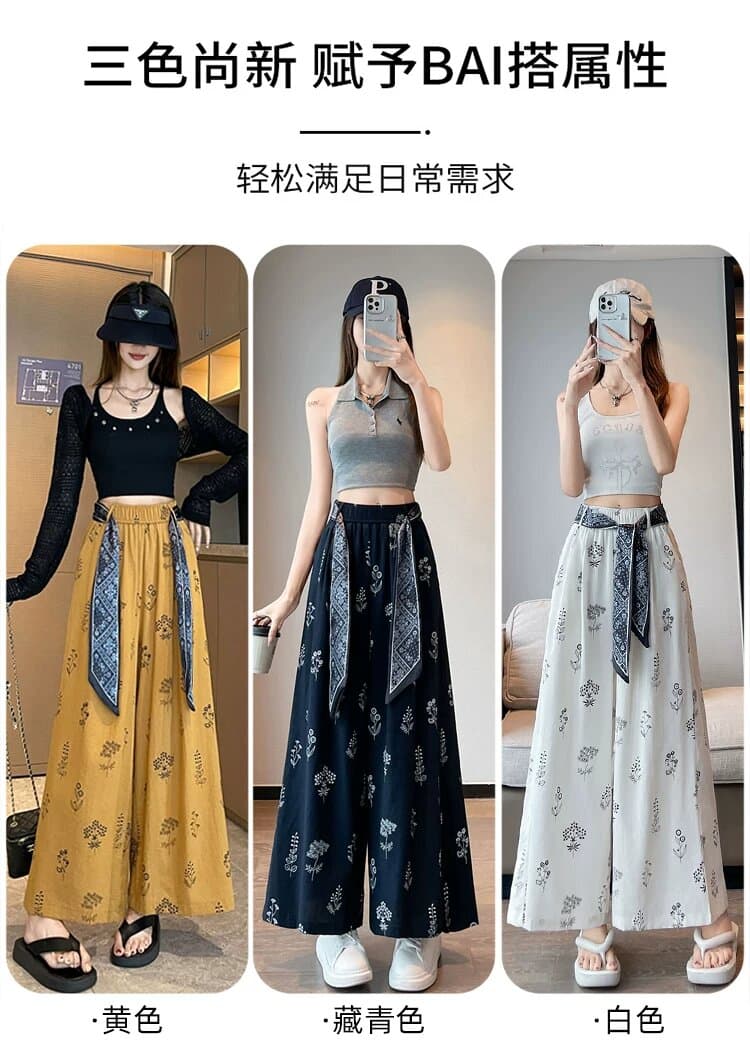 새로운 프린트 얼음 실크 면 린넨 와이드 레깅스 바지 여름 얇은 스타일 레이스업 루즈핏 캐주얼 9 포인트 바지 상세 이미지 13