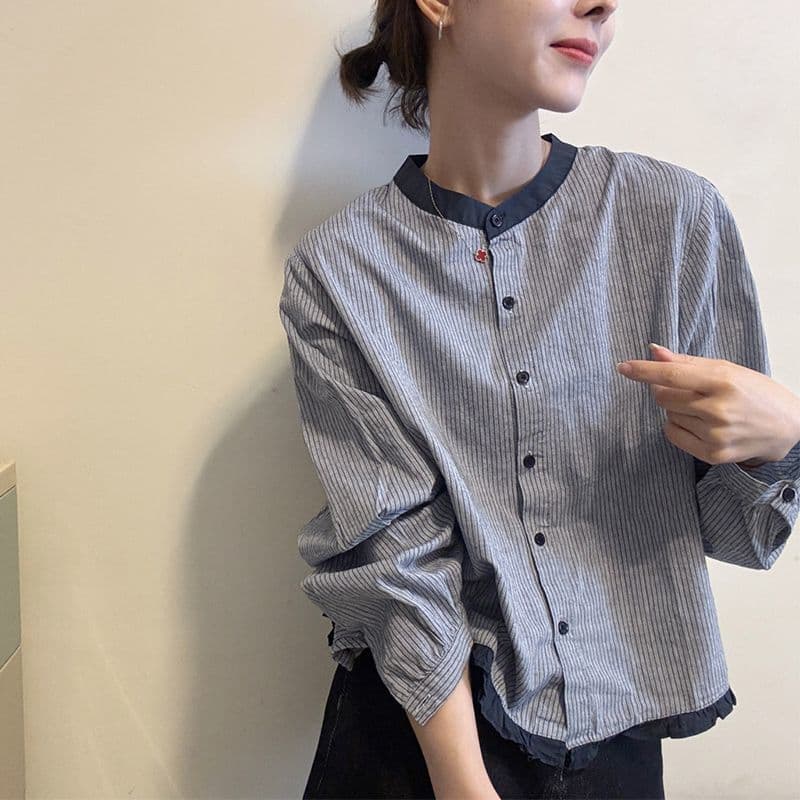 여름 문예 센 부서 라미 프린트 폴로 칼라 통기성 긴팔 여성 셔츠 새로운 루즈핏 부서 버클 자외선 차단 맨위