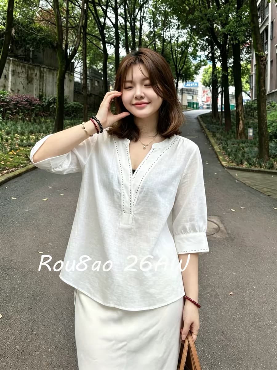 여름 드레스 새로운 bolatu 플라톤 품격 베이비 칼라 달콤함 디자인 작은 대중 화이트 면 린넨 재료 편안함 셔츠 상세 이미지 2