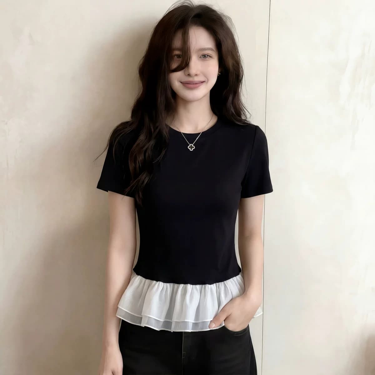 여름 드레스 새로운 빅 사이즈 순면 작은 대중 퍼프 레이스 패치워크 반팔 티셔츠 몸매 가꾸기 맨위