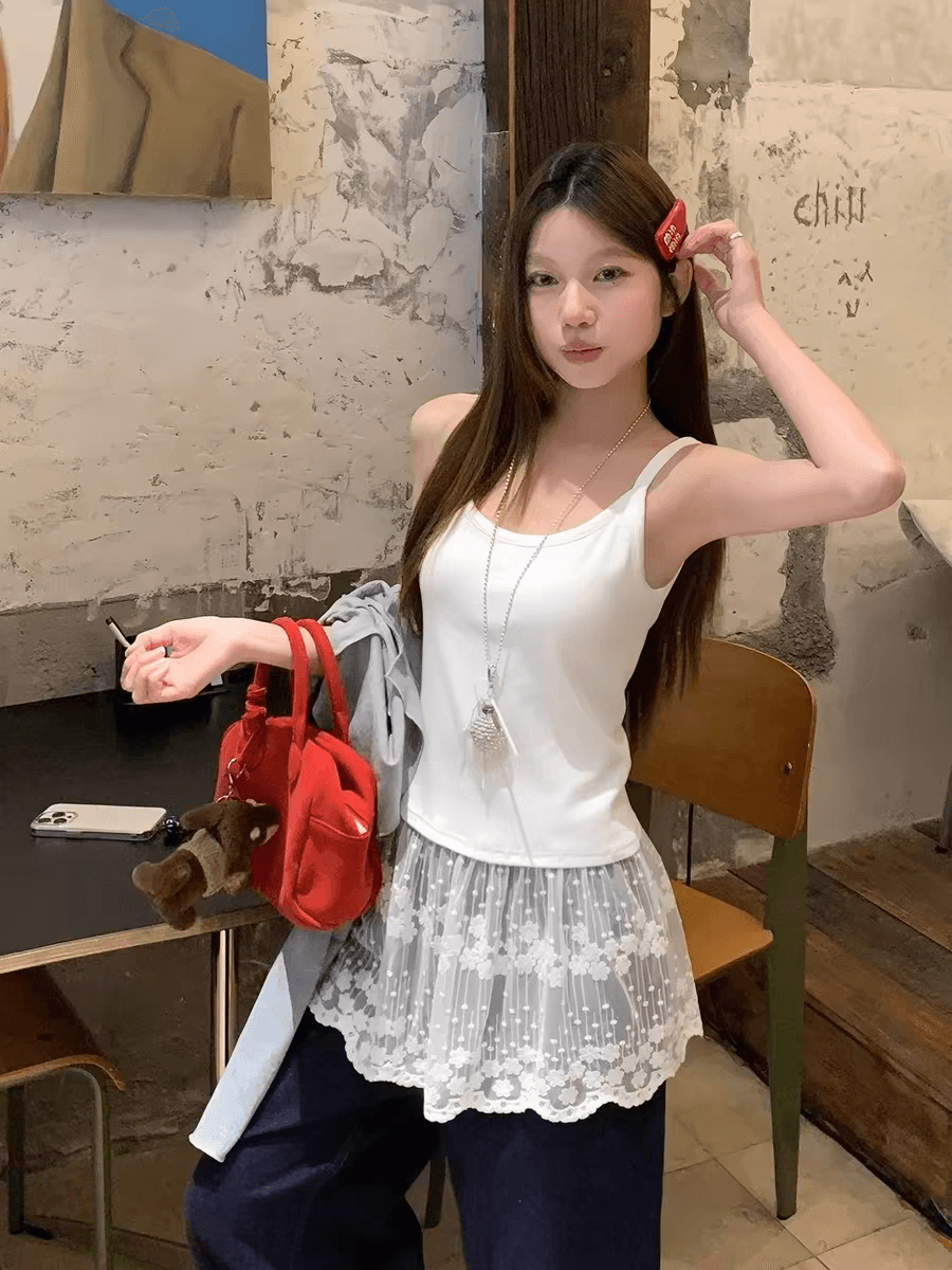 여름 드레스 빅 사이즈 여성 의류 한 부서 회색 부드럽다 패치워크 레이스 디자인 센스 슬립 여성 고급 센스 조끼 여성 이미지 3