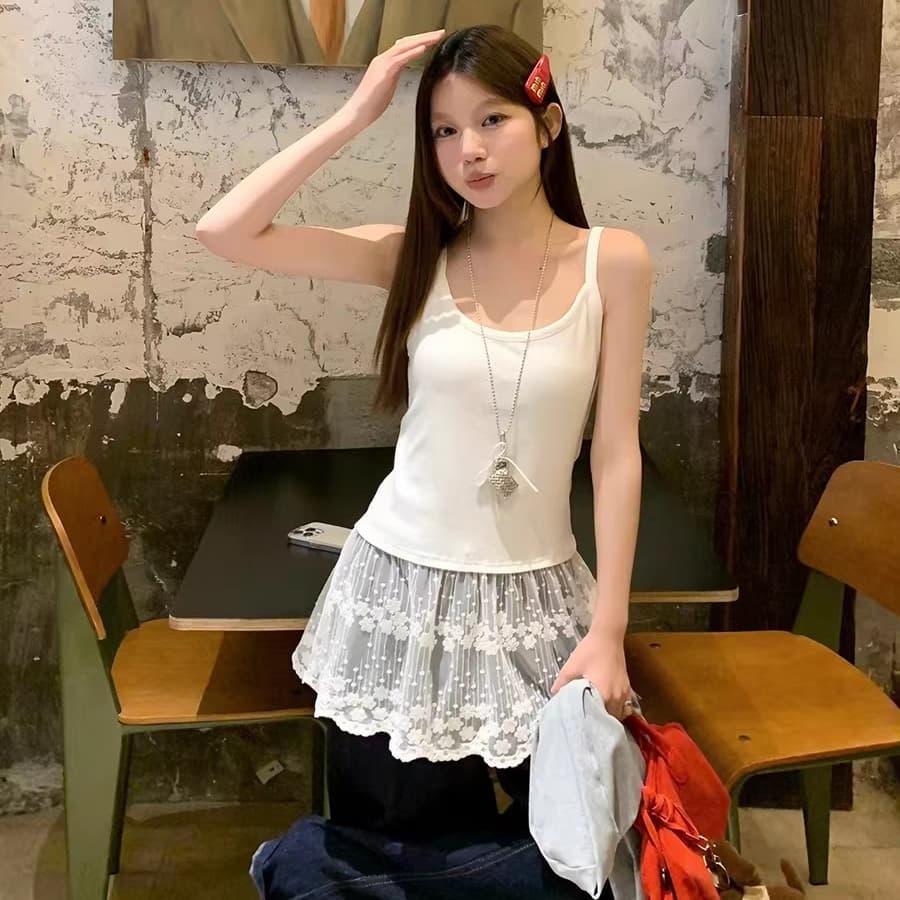 여름 드레스 빅 사이즈 여성 의류 한 부서 회색 부드럽다 패치워크 레이스 디자인 센스 슬립 여성 고급 센스 조끼 여성 이미지 5