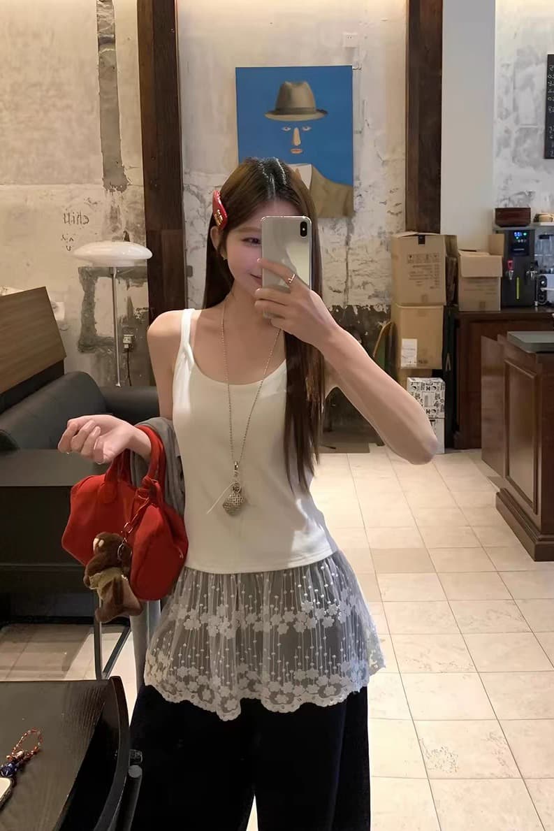 여름 드레스 빅 사이즈 여성 의류 한 부서 회색 부드럽다 패치워크 레이스 디자인 센스 슬립 여성 고급 센스 조끼 여성 이미지 6