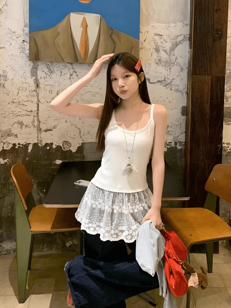 여름 드레스 빅 사이즈 여성 의류 한 부서 회색 부드럽다 패치워크 레이스 디자인 센스 슬립 여성 고급 센스 조끼 여성 상세 이미지 3