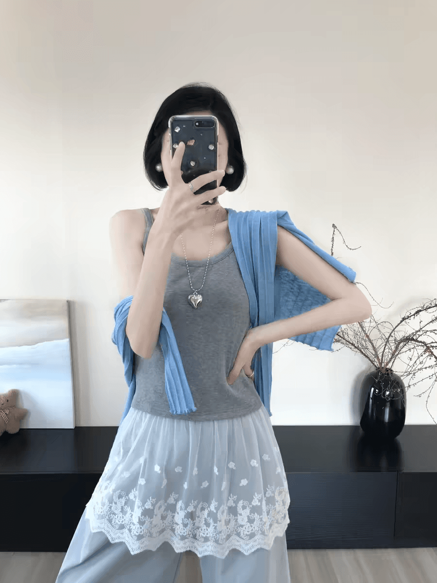 여름 드레스 새로운 빅 사이즈 여성 의류 한 부서 회색 부드럽다 패치워크 레이스 디자인 센스 슬립 여성 고급 센스 조끼 여성 이미지 4