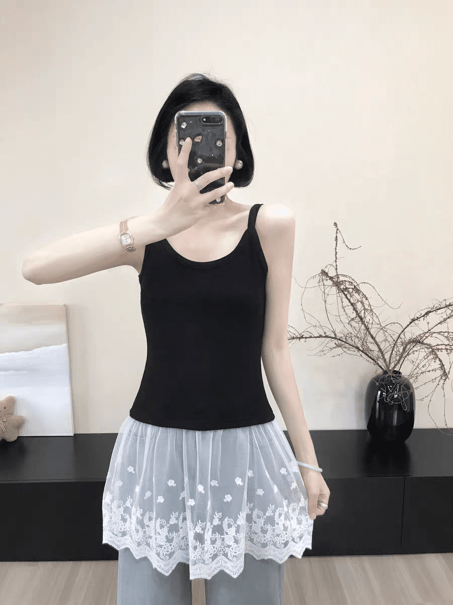여름 드레스 새로운 빅 사이즈 여성 의류 한 부서 회색 부드럽다 패치워크 레이스 디자인 센스 슬립 여성 고급 센스 조끼 여성 상세 이미지 4