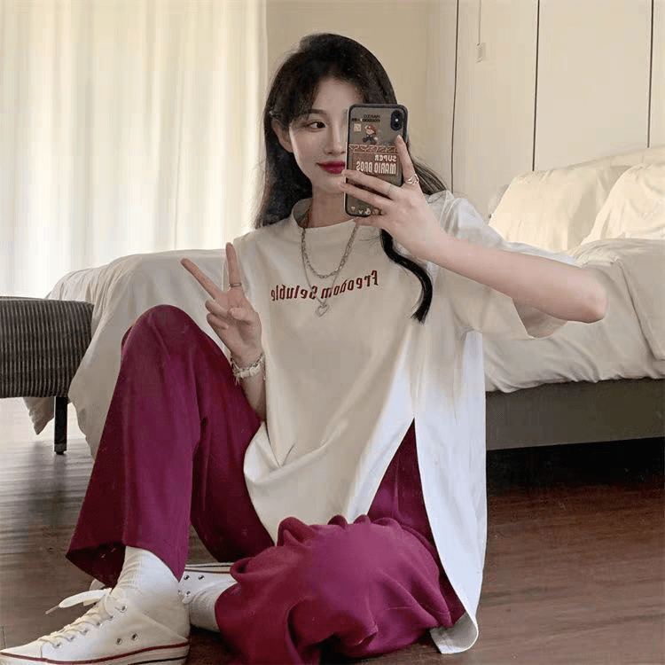 여름 드레스 빅 사이즈 지방 mm 홍콩 느낌 트임 장난기 넘치는 활기찬 알파벳 루즈핏 반팔 티셔츠 이미지 2