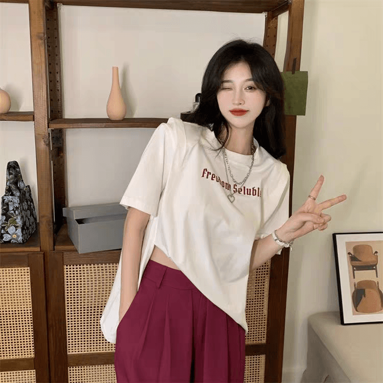 여름 드레스 빅 사이즈 지방 mm 홍콩 느낌 트임 장난기 넘치는 활기찬 알파벳 루즈핏 반팔 티셔츠 상세 이미지 6