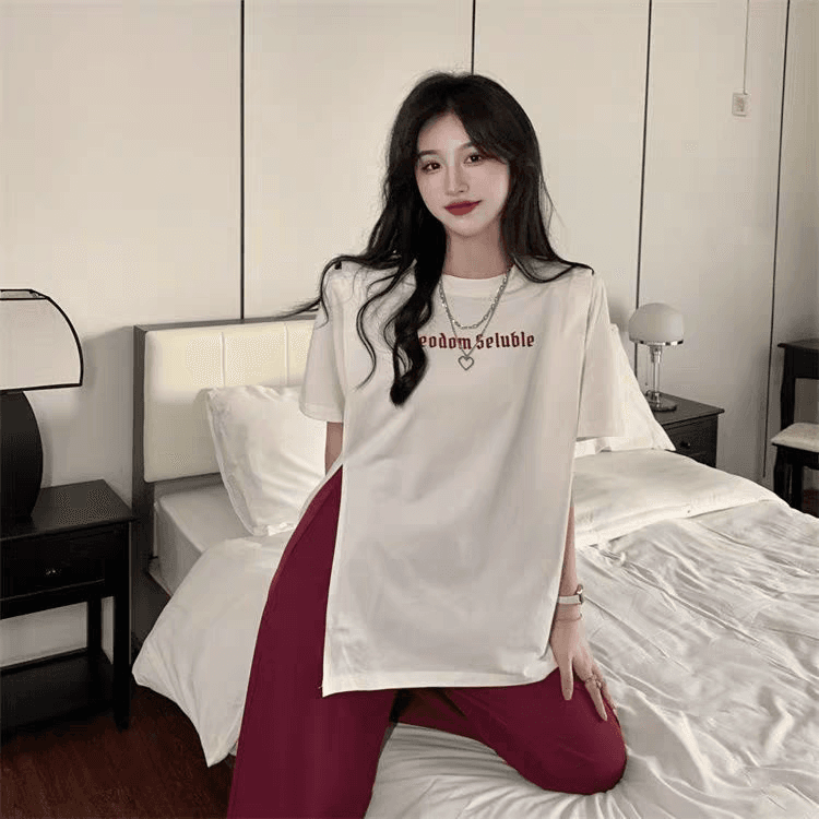 여름 드레스 빅 사이즈 지방 mm 홍콩 느낌 트임 장난기 넘치는 활기찬 알파벳 루즈핏 반팔 티셔츠 상세 이미지 8