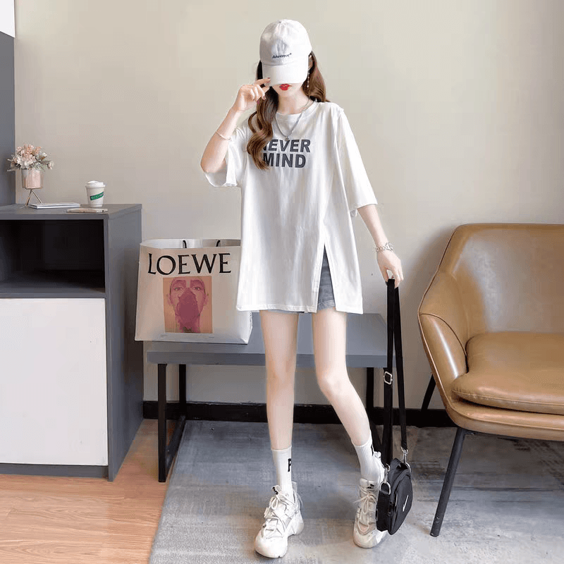 새로운 빅 사이즈 여성 의류 트임 반팔 티셔츠 디자인 센스 작은 불규칙 루즈핏 프린트 맨위 상세 이미지 3